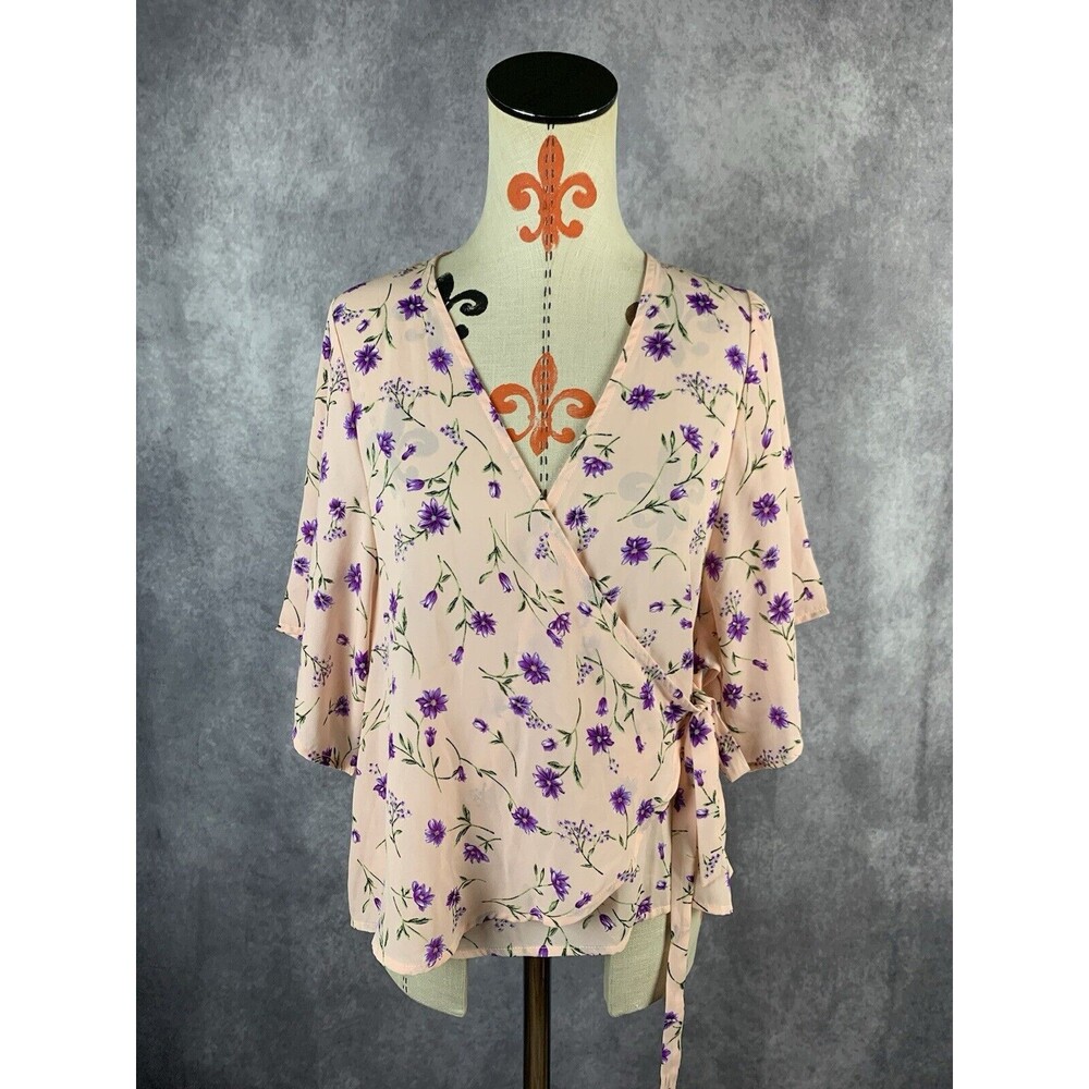 Seven Forty Two Womens XS Faux Wrap Blouse Rose Pink Floral Front Tie V Neck Top